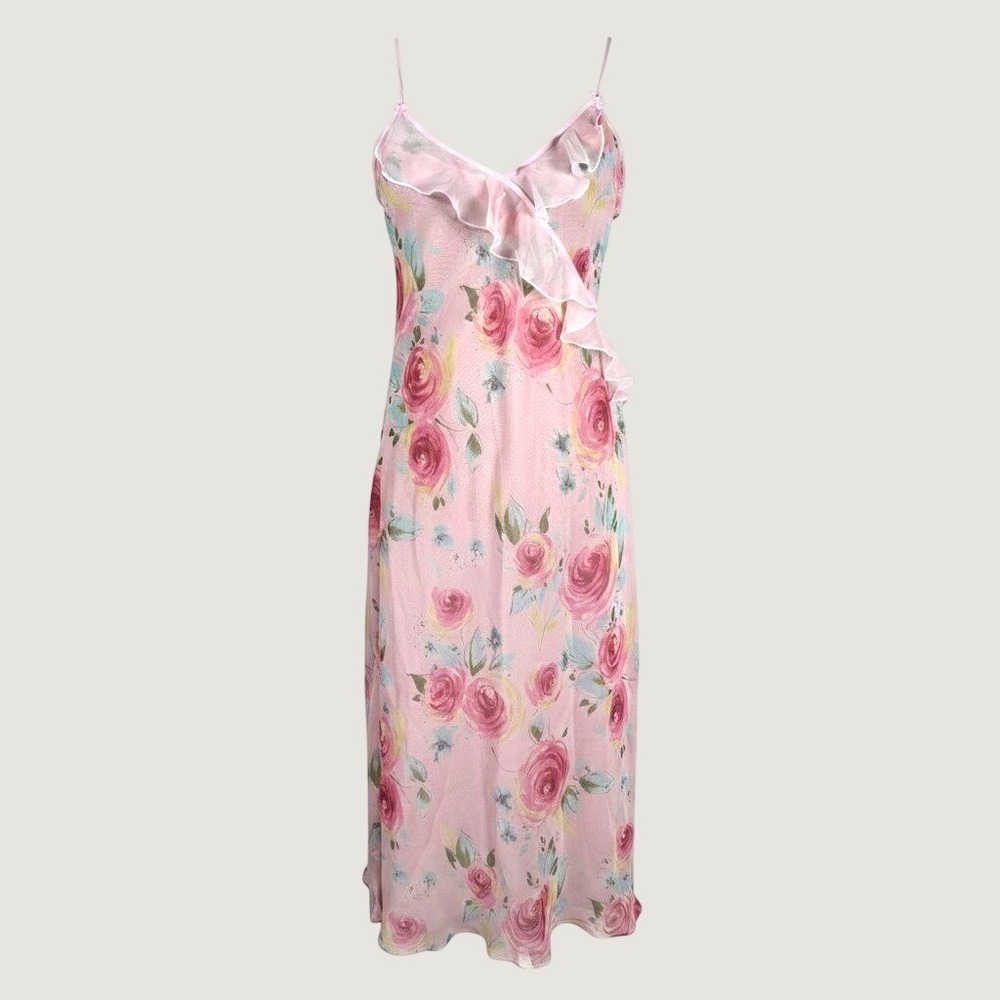Vtg Y2K 90s Halston Chemise Slip Dress Nightgown Womens Sz M Pink Floral Ruffle